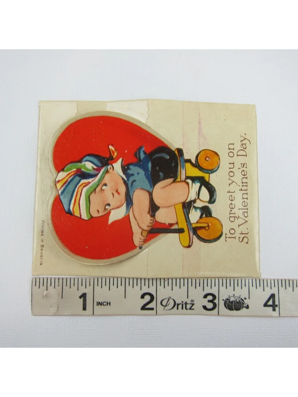 Vintage Valentine Card Cutout Stand Up Boy Cap Riding Tricycle Bavaria UNSIGNED